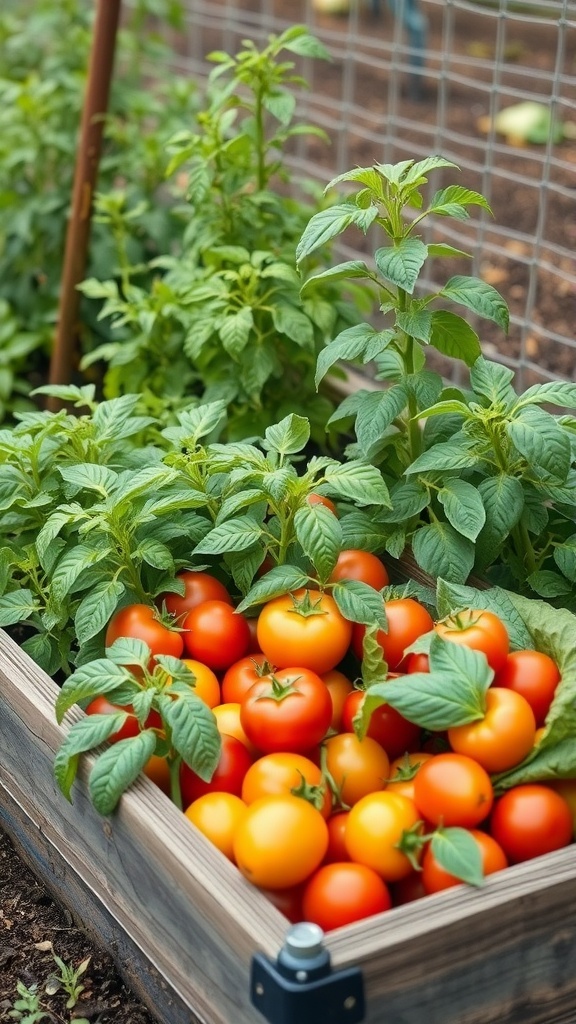 A raised bed vegetable garden filled with ripe tomatoes and green plants.