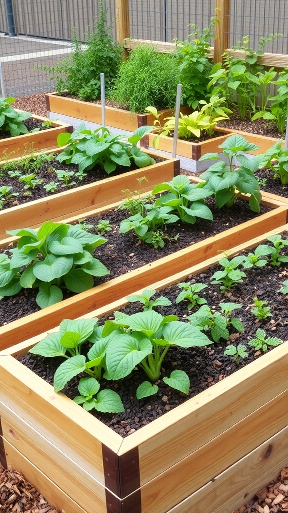 A series of wooden raised beds filled with various vegetables and herbs, showcasing a neat and organized garden layout.