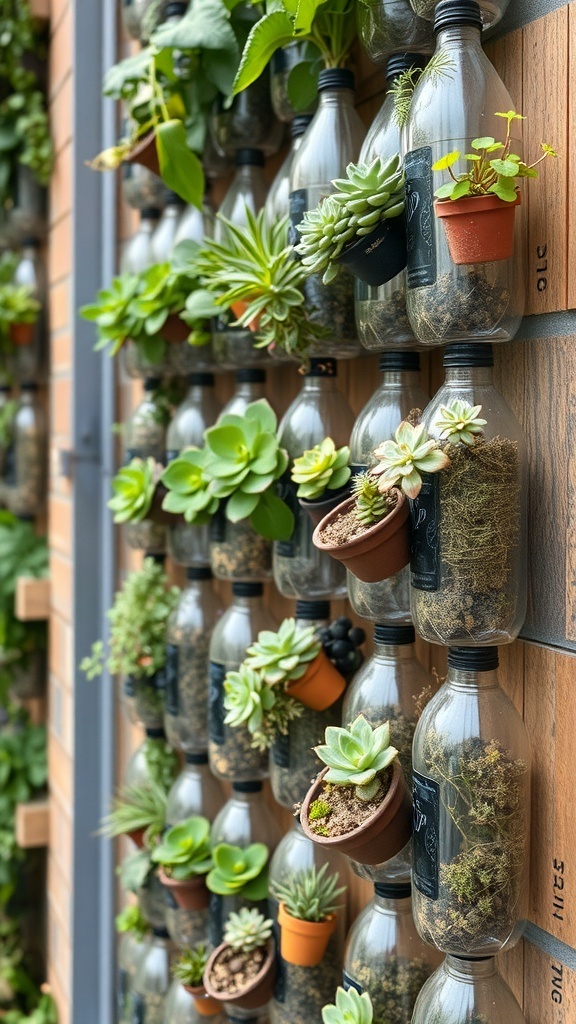 Vertical garden made from recycled plastic bottles filled with various plants.