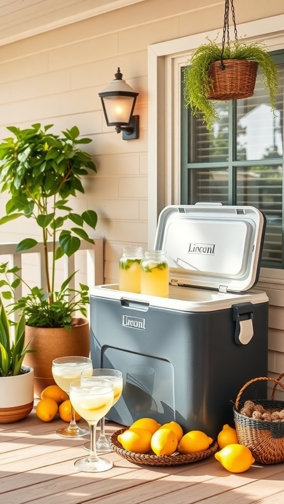 A summer drink station on a porch with a cooler, lemons, and glasses of lemonade.