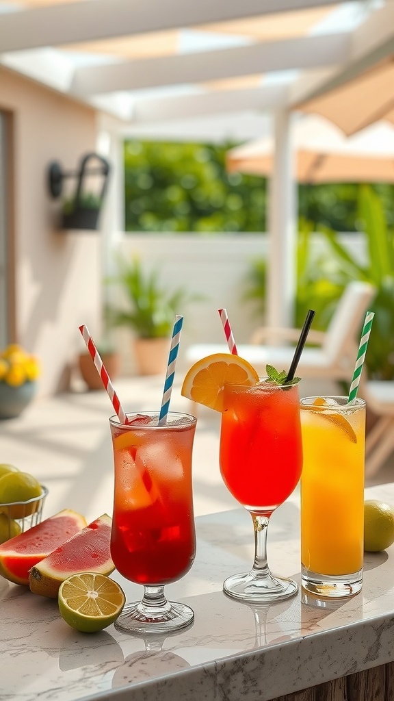 A colorful mocktail bar featuring three different drinks with straws, surrounded by fresh fruits.
