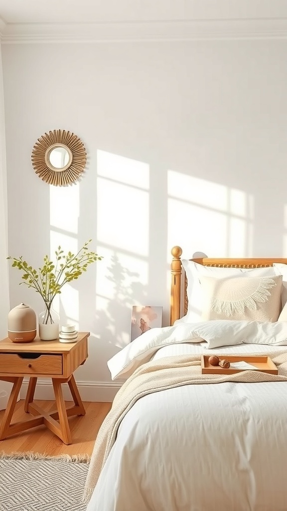 A bright and cozy summer bedroom with a wooden bed, soft bedding, and a small table with a vase of greenery.