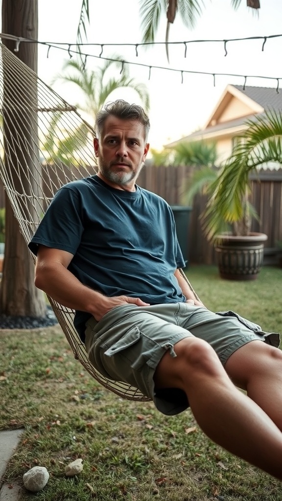 A man sitting in a hammock wearing a relaxed fit t-shirt and cargo shorts.