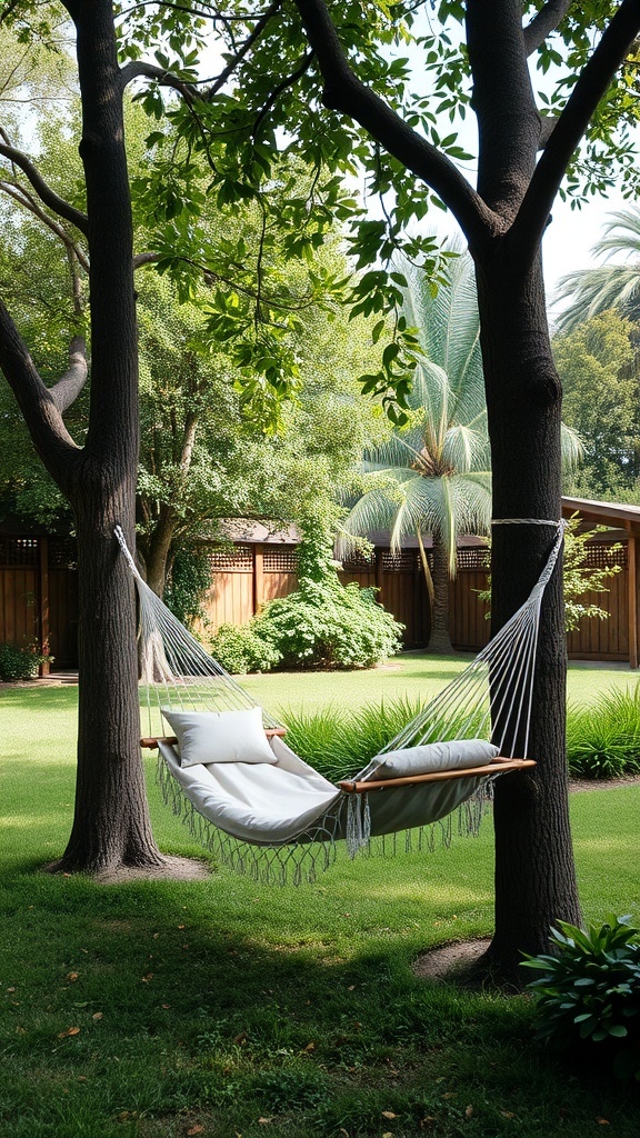 A cozy hammock strung between two trees in a green backyard.