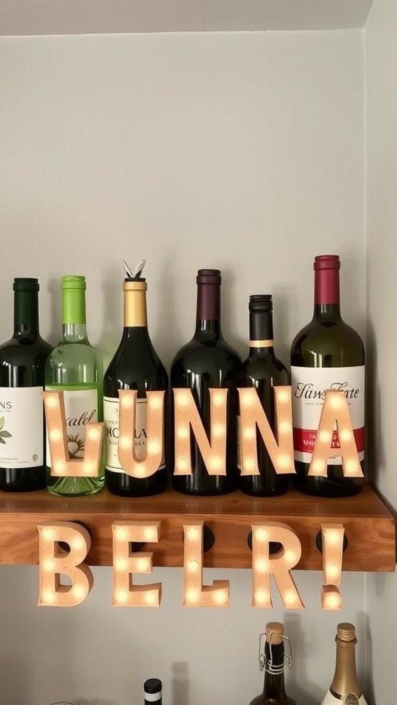 A shelf displaying various wine bottles with illuminated letters spelling LUNNA BELR!