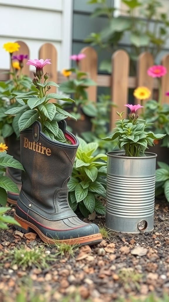 An image of old boots and a tin can used as planters with colorful flowers.