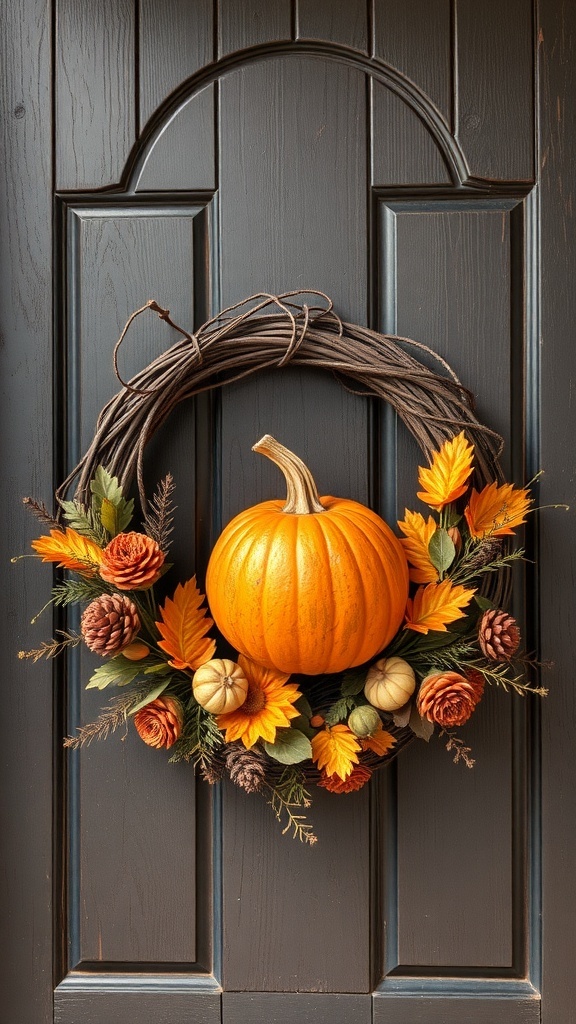 A beautiful pumpkin wreath with autumn leaves and pinecones on a dark door