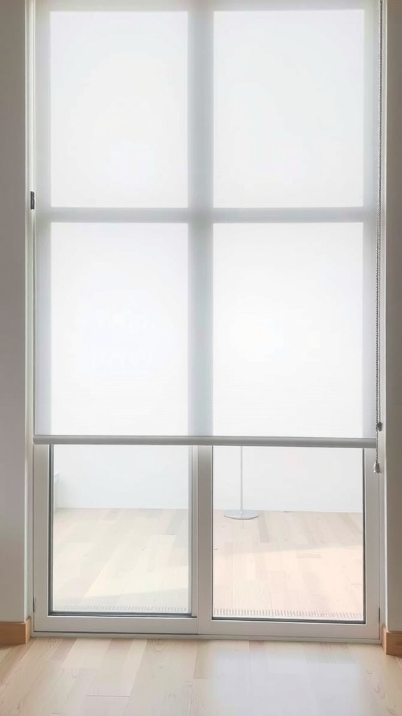 A sliding glass door with roller shades, emphasizing minimalist design and light filtering.