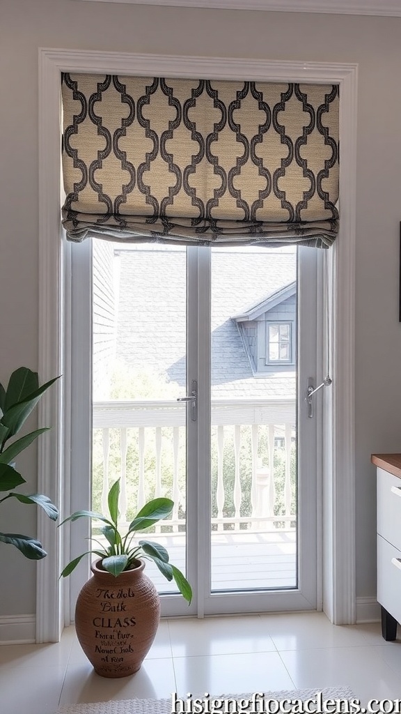 A stylish sliding glass door covered with Roman shades featuring an elegant pattern.