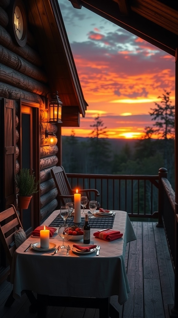 A romantic cabin setting with a table set for dinner, candles lit, and a beautiful sunset in the background.