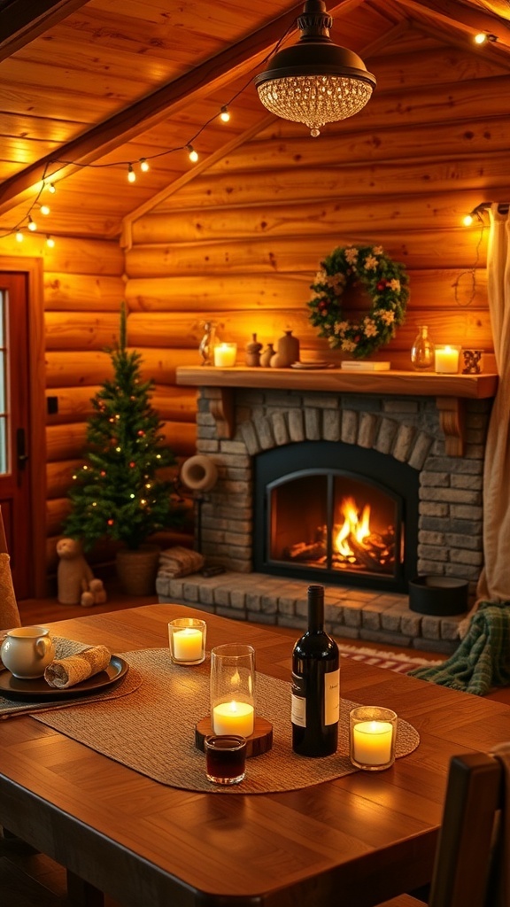 Cozy cabin interior with a fireplace, candles, and a bottle of wine, creating a romantic atmosphere.