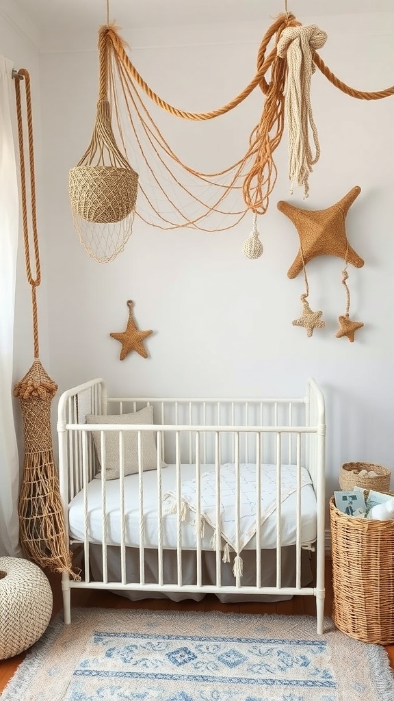 A nautical-themed nursery with rope and net decor, featuring a crib, hanging net, and woven baskets.