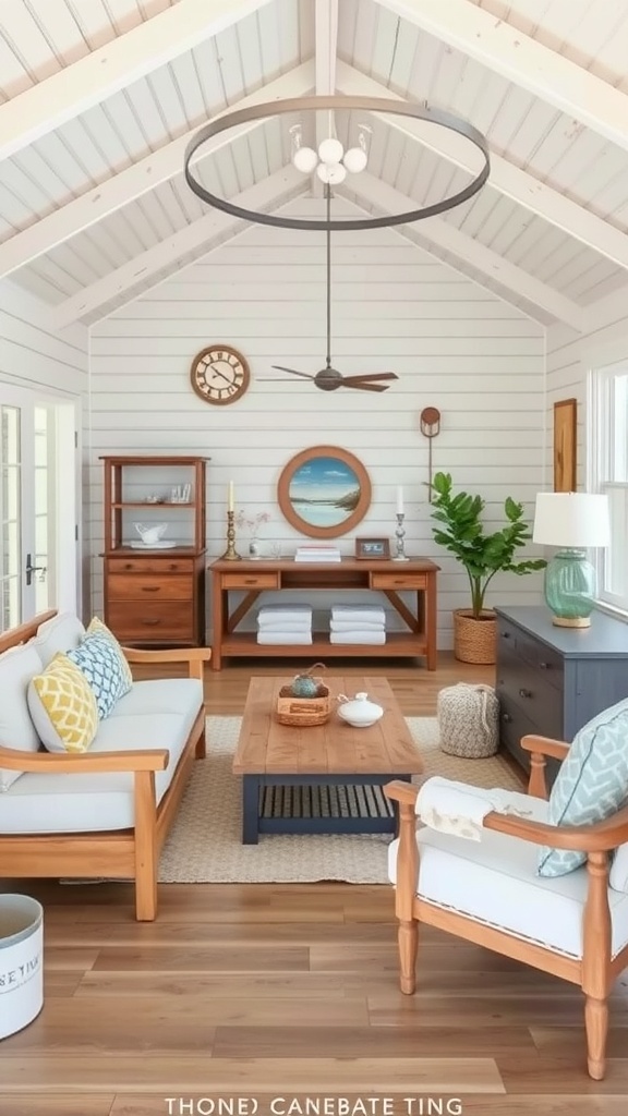 A bright and airy rustic beach house living room with wooden furniture, colorful cushions, and coastal decor.