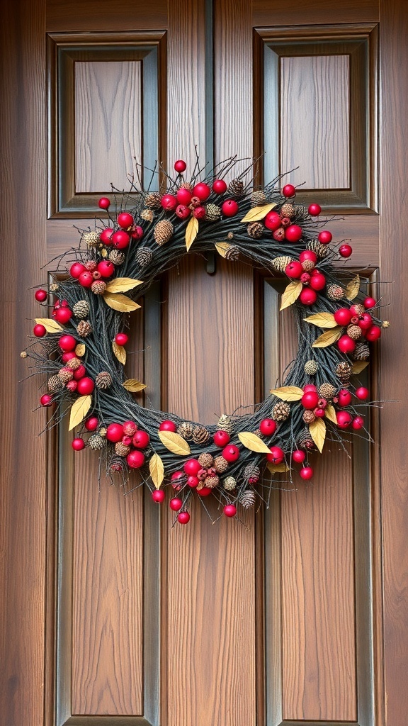 A rustic wreath made of red berries, pine cones, and leaves hanging on a wooden door.