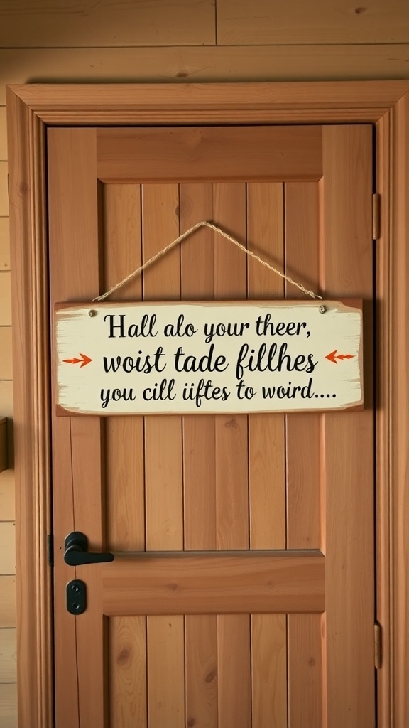 A rustic wooden sign hanging above a bedroom door with a quirky phrase.