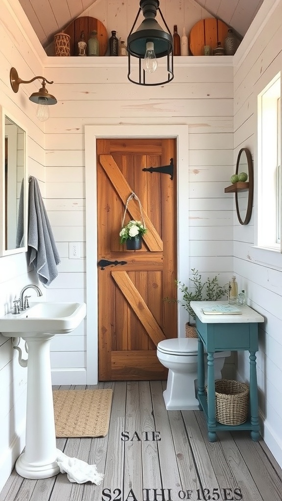 A rustic farmhouse bathroom featuring shiplap walls, a wooden door, and vintage light fixtures.