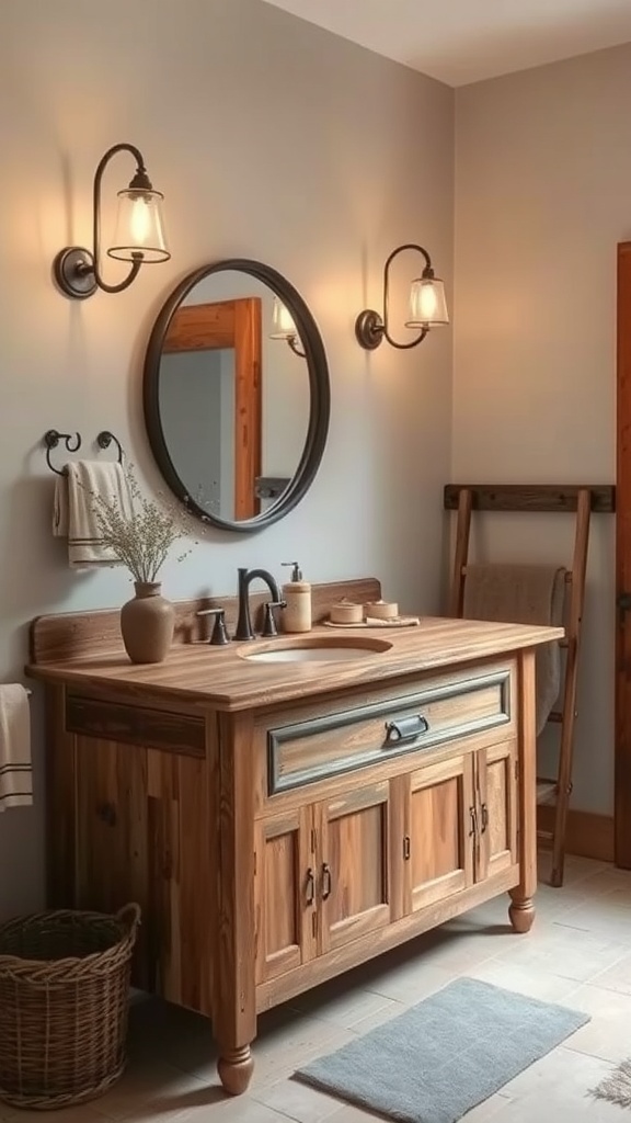 A rustic bathroom vanity made of natural wood with a round mirror and soft lighting.