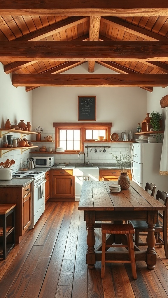 A rustic farmhouse kitchen with wooden beams, a central wooden table, and natural light.