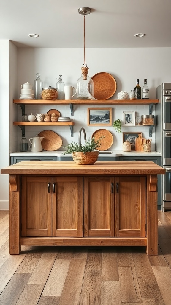 A rustic farmhouse style kitchen island made of wood with open shelving in the background.