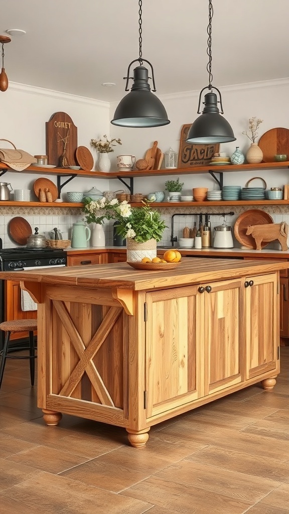 A rustic farmhouse style kitchen island made of natural wood with storage cabinets and a cozy ambiance