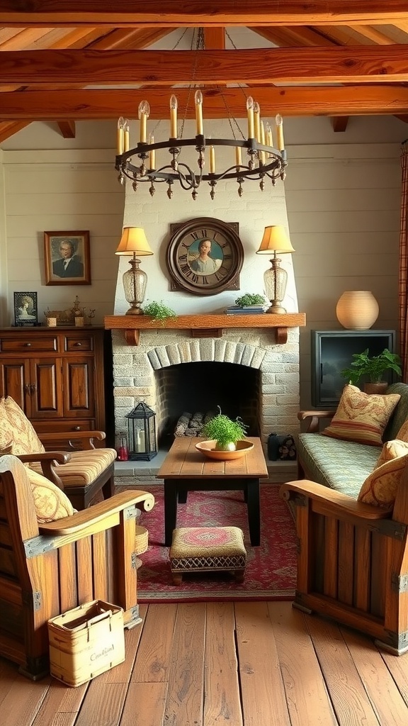A cozy cottage living room with rustic furniture, featuring wooden chairs, a sofa, and a stone fireplace.