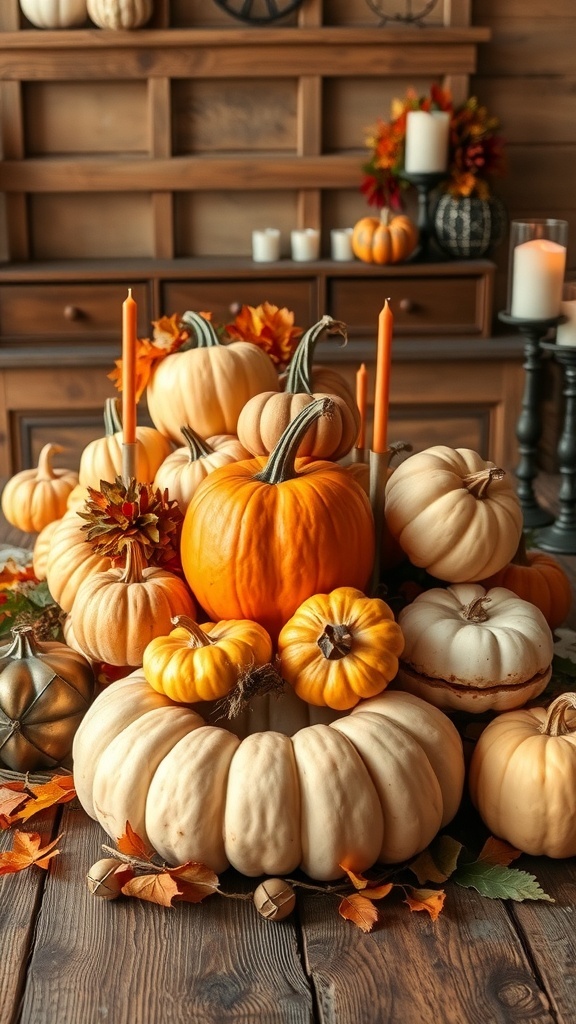 A rustic pumpkin centerpiece featuring various pumpkins, candles, and autumn leaves.