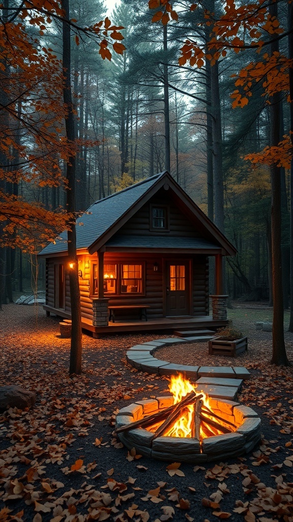 A cozy cabin in the woods with a fire pit and autumn leaves