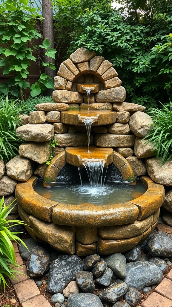 A rustic stone garden fountain with multiple tiers and flowing water surrounded by greenery.