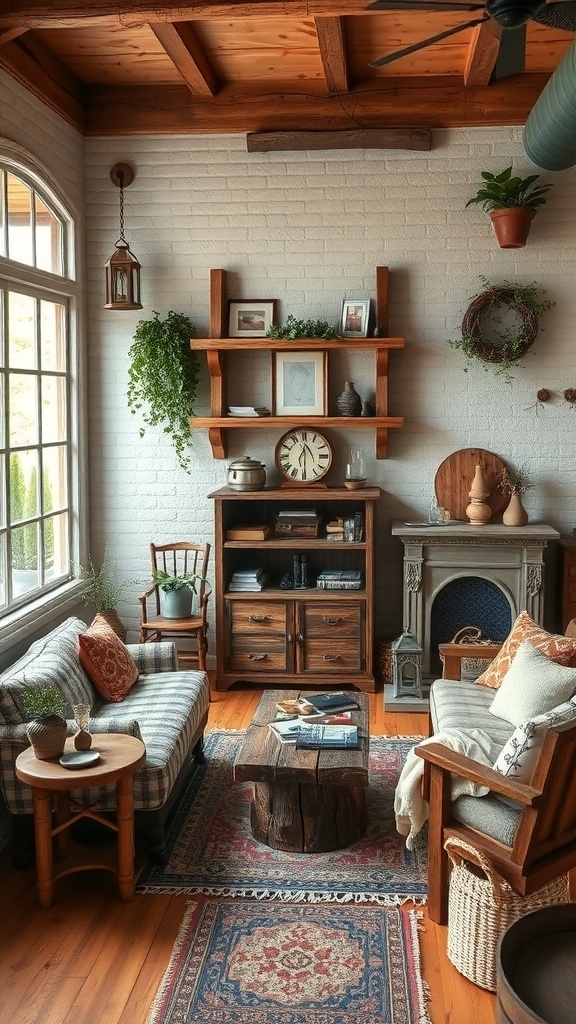 Cozy living room with rustic wood accents, featuring wooden furniture and decor.