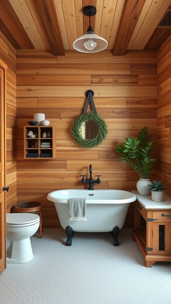 A rustic farmhouse bathroom featuring wooden walls and ceiling, a freestanding bathtub, and potted plants.