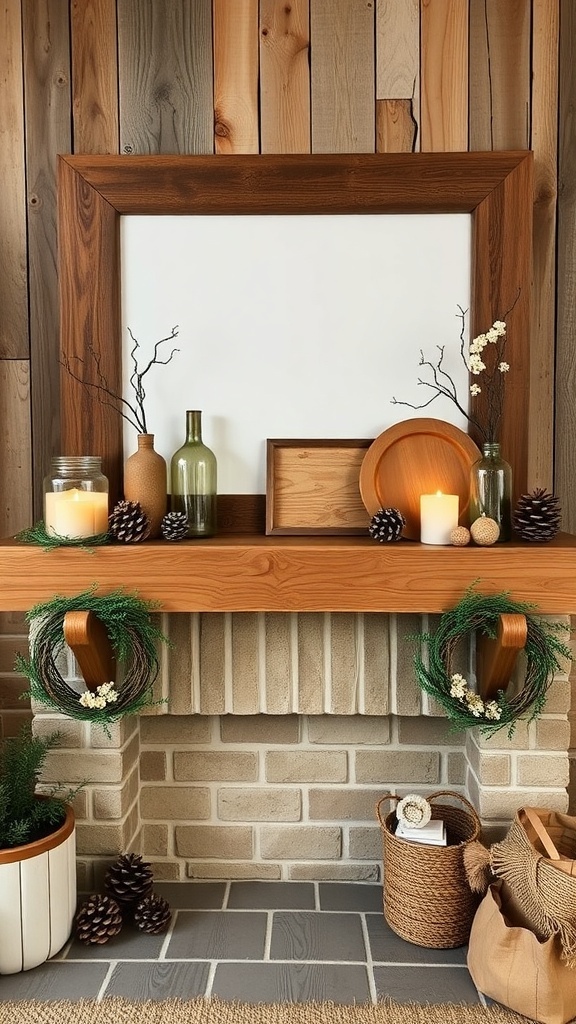 A rustic mantel decorated with wooden elements, greenery, candles, and pinecones.