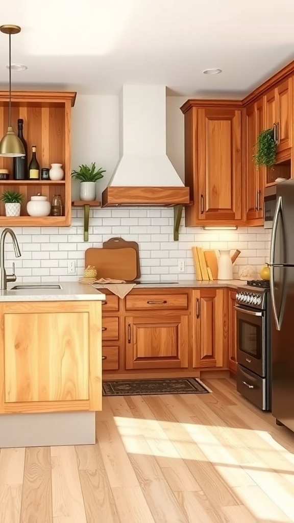 A kitchen featuring rustic wood cabinets, a white backsplash, and a cozy atmosphere.