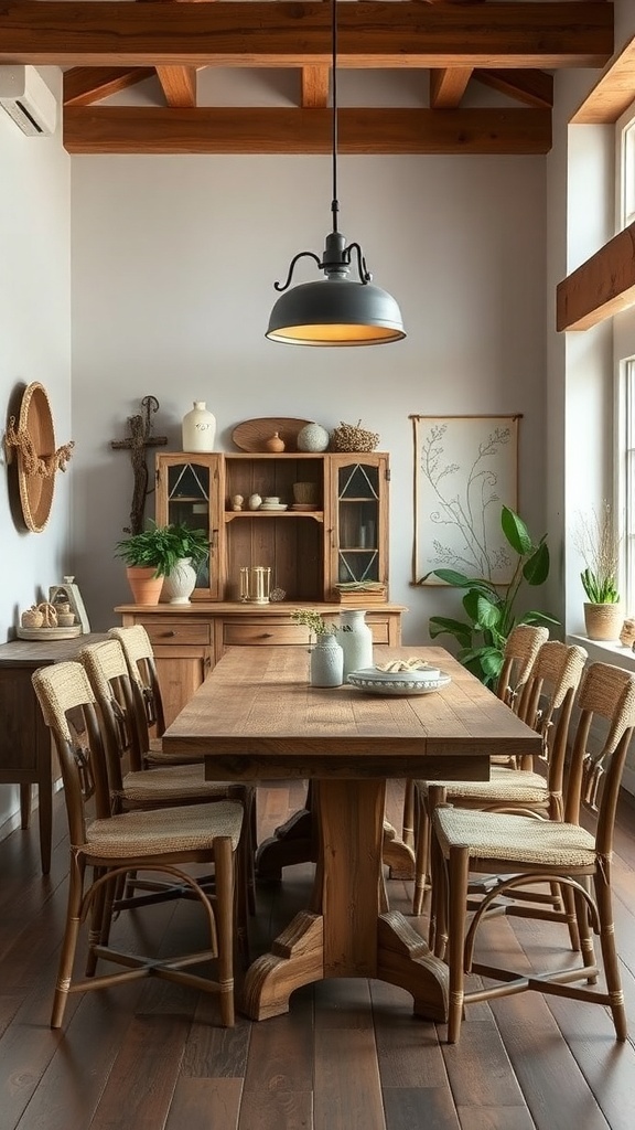 A rustic dining area featuring a large wooden table, wooden chairs, and exposed beams on the ceiling.