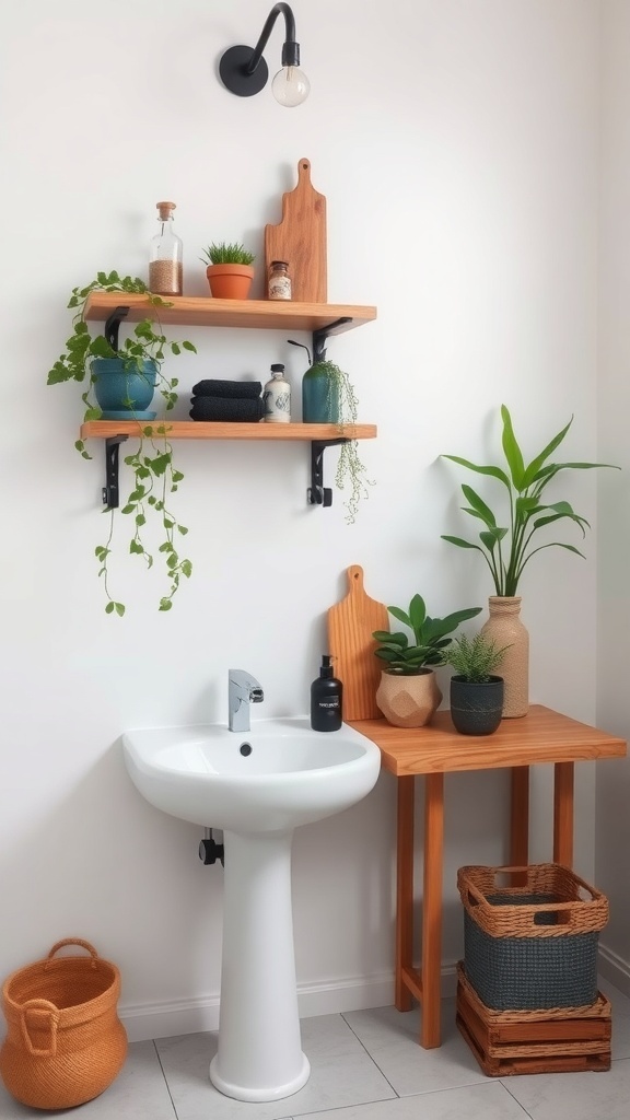 A bathroom sink area featuring rustic wooden shelves and accents, potted plants, and a clean white sink.