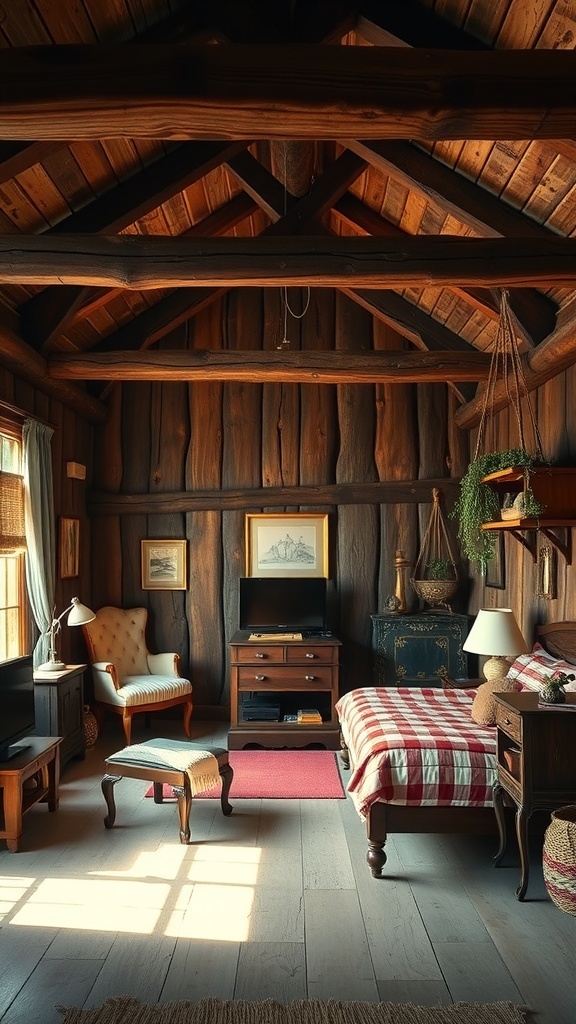 Cozy cottage bedroom featuring rustic wooden beams and warm wooden accents.