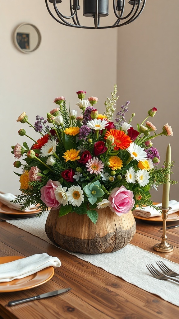 A rustic wooden centerpiece with colorful flowers arranged in a wooden bowl on a dining table.
