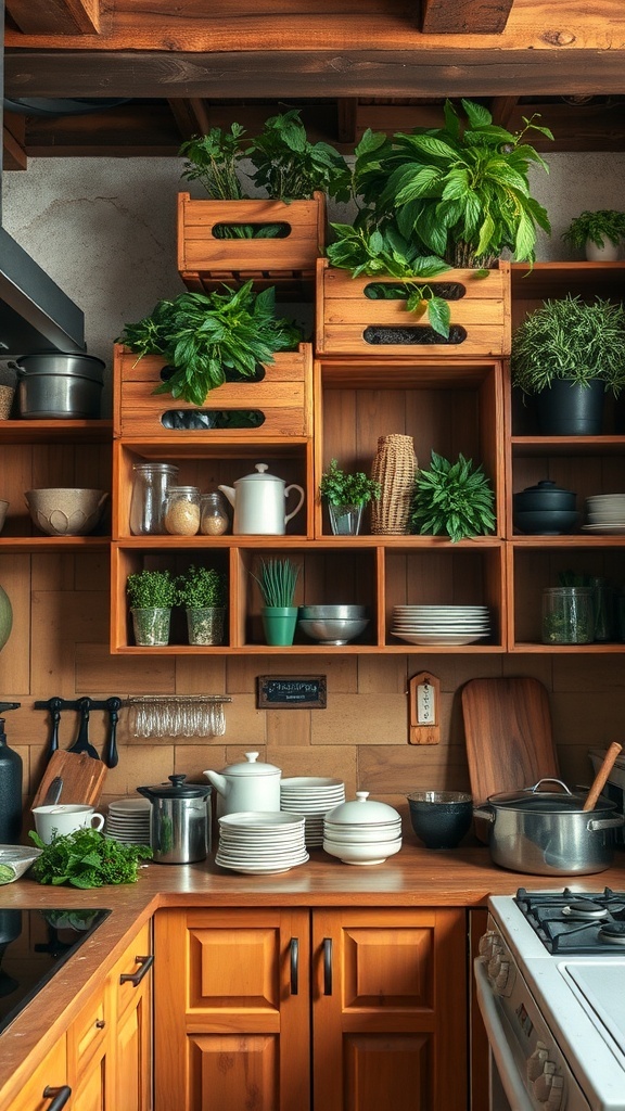 Kitchen with rustic wooden crates used for storing plants and kitchen items above cabinets.