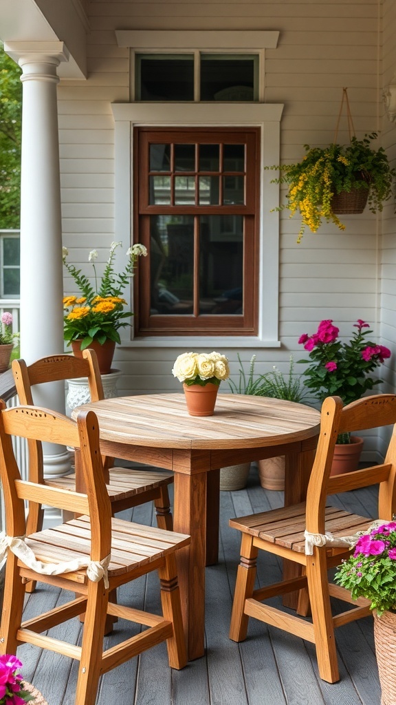 A rustic wooden table with chairs on a porch, surrounded by colorful flowers and greenery.