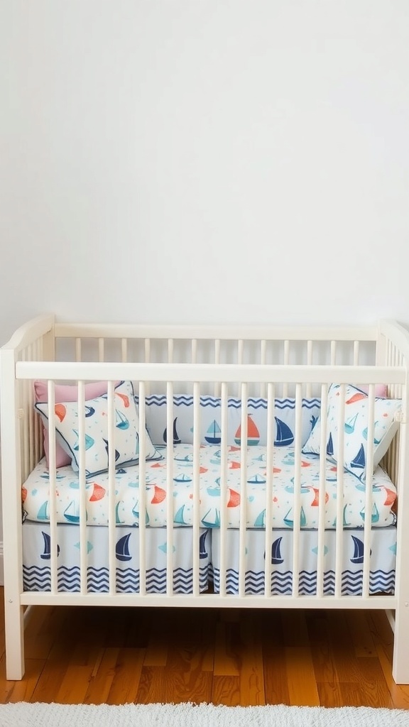 A crib with sailboat-themed bedding featuring colorful sailboats and waves.
