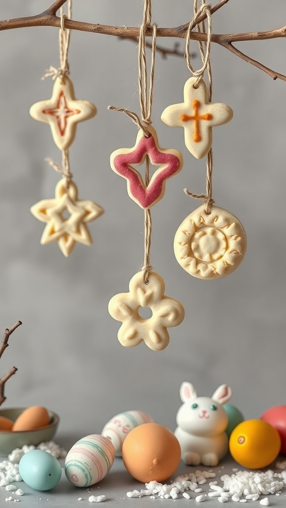 Colorful salt dough Easter ornaments hanging from a branch with decorated eggs in the foreground.