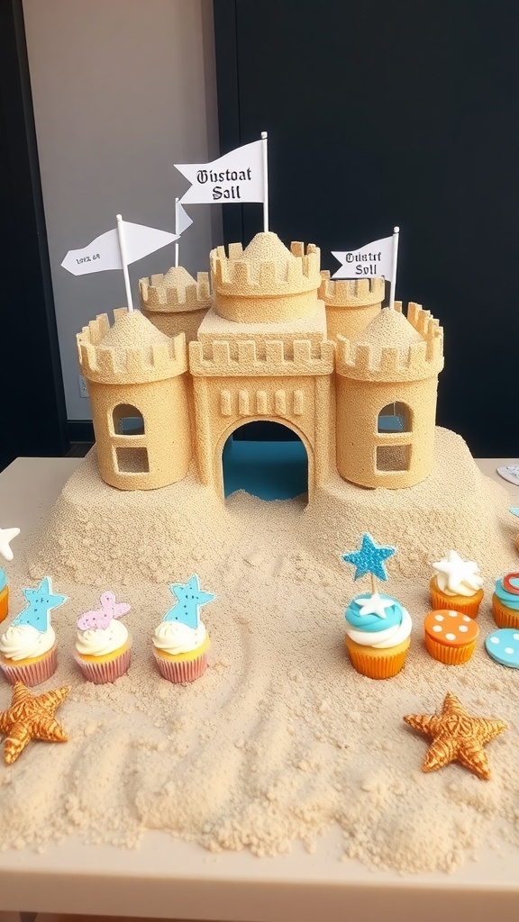 A beautifully crafted sandcastle dessert table featuring a sandcastle cake and colorful cupcakes with beach-themed decorations.