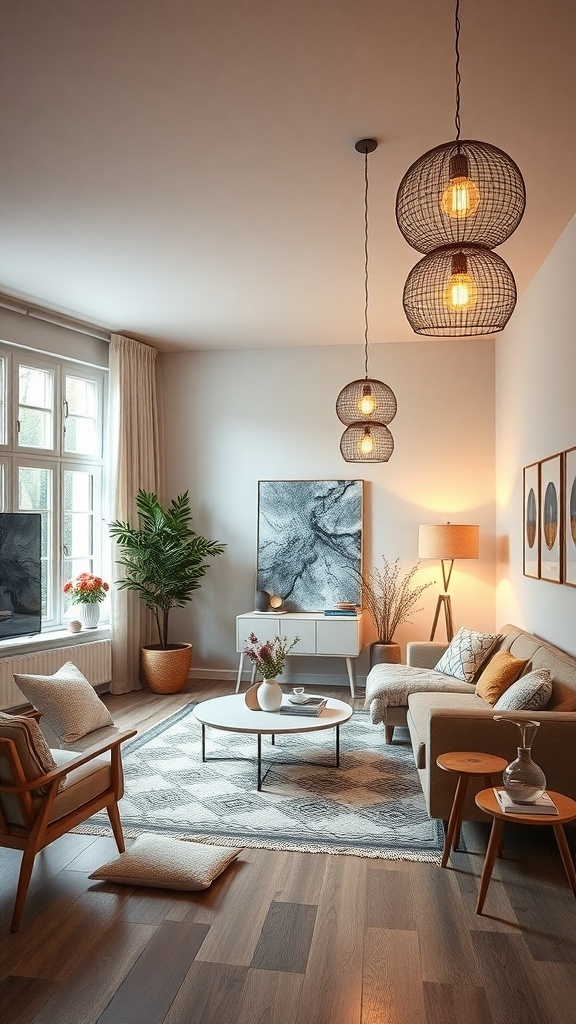 A cozy Scandinavian living room featuring unique pendant lighting and a minimalist aesthetic.