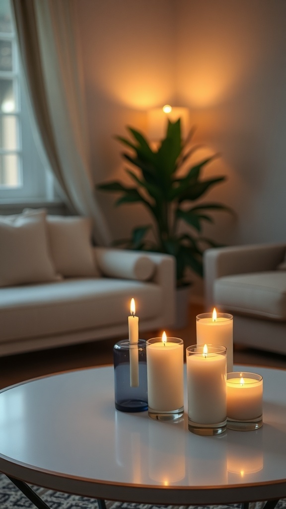 A cozy living room with scented candles on a coffee table, creating a warm atmosphere.