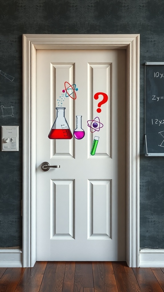 A decorated science lab door featuring colorful illustrations of beakers, test tubes, and atomic symbols