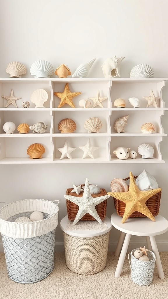 A nursery display featuring seashells and starfish on shelves and in baskets.