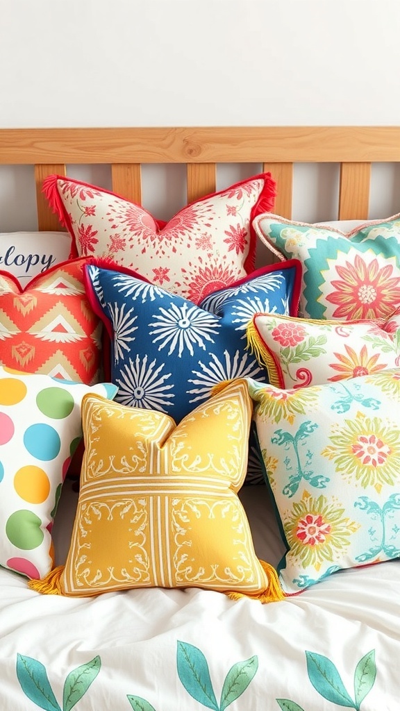 A collection of colorful accent pillows on a bed, featuring various patterns and designs.