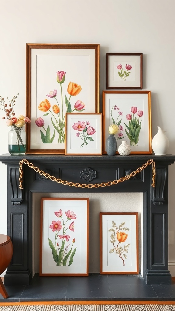 A stylish mantel decorated with floral artwork in various frames, showcasing spring vibes.