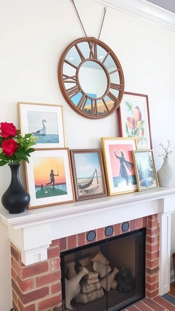 A summer-themed mantel decor featuring a mirror, framed artwork, and flowers.