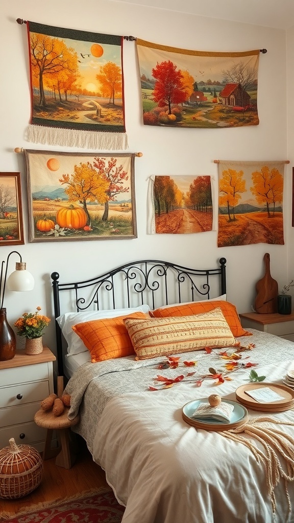 A cozy bedroom with autumn-themed wall hangings and decor.