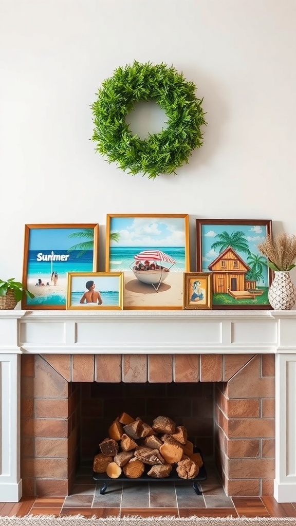 A summer-themed mantel decorated with a green wreath and framed beach artwork.